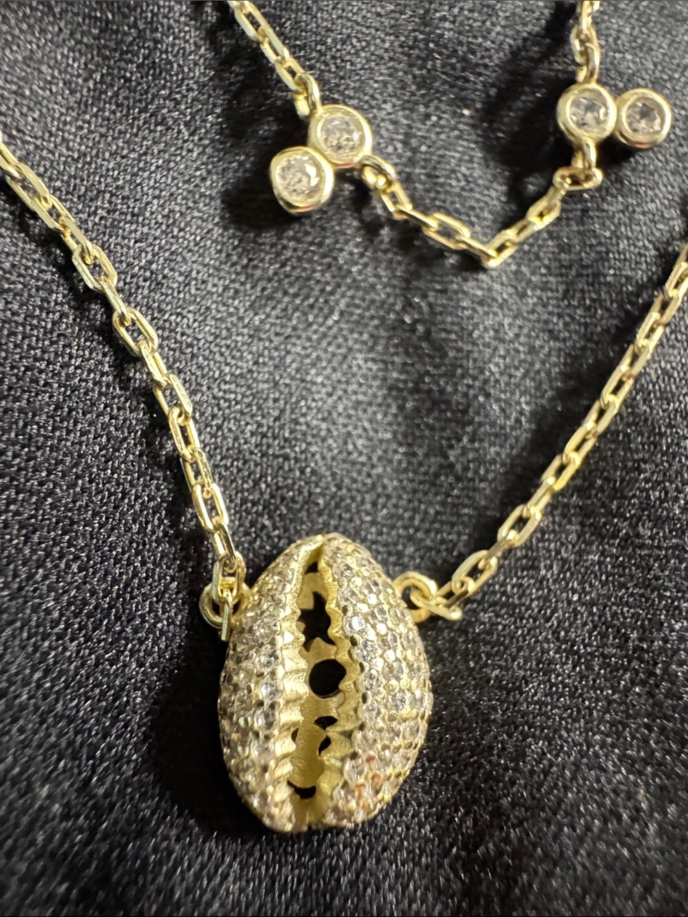 Simulated Diamond Puka Shell Station Necklace 14 Inches in 14K YG Over Sterling
